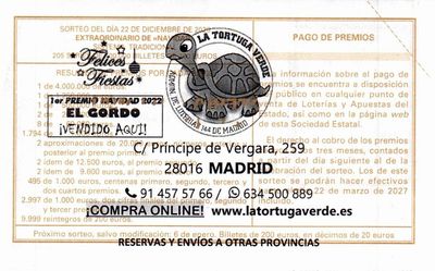 Reverso del décimo 93464 con el sello de la Administración nº 144 «La Tortuga Verde», en Madrid